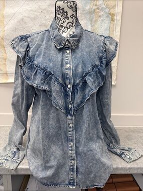 Bluivy Ruffle Denim Western Blouse Prairie Cottagecore Pearl Snap Top Large